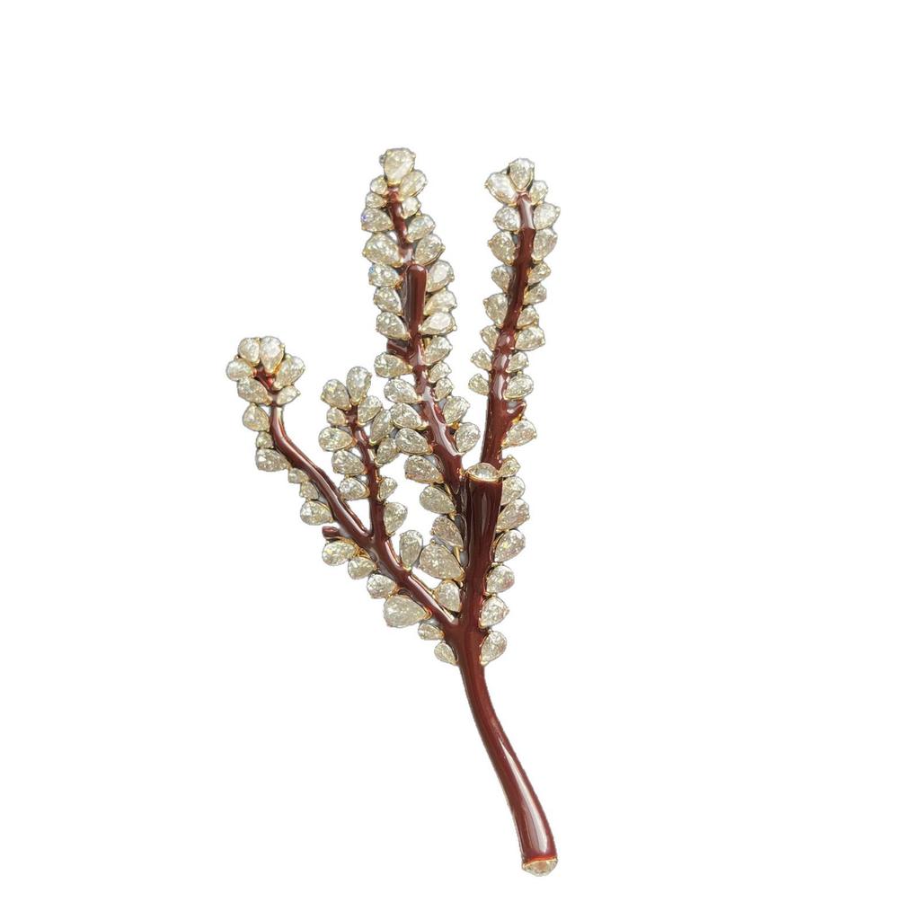 Wytworna emaliowana broszka w kształcie kwiatu z klonu vintage i diamentów - Wykwintny srebrny wzór płonącego drzewa dla kobiet