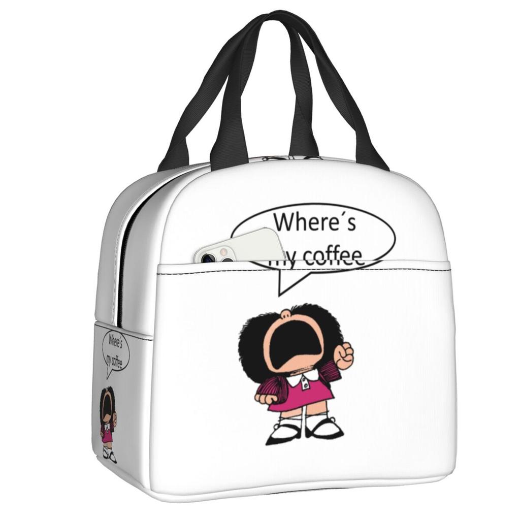 Custom Manga Mafalda Quino Cartoon Thermal Insulated Lunch Bag Women Portable Lunch Container Camping Travel Storage Food Box
