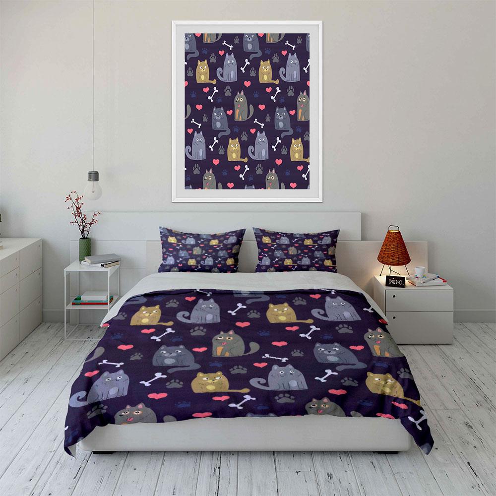 Cute Cats, Bones, and Paw Prints Bedding Duvet Cover Set (1*Duvet Cover 2*Pillowcases, Without Duvet Insert)