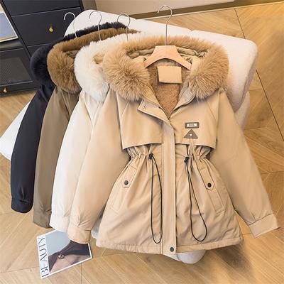 Parker Clothing Women's Winter Korean Version of The Waist Is Thin, Hooded Plus Velvet Cotton Clothing Mid-length Jacket Cotton Coat