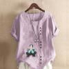 Women's New Fashion Linen Shirt Round Neck Short Sleeve Boy Printed T-shirt Summer Ladies Casual Plus Size Blouse Tops