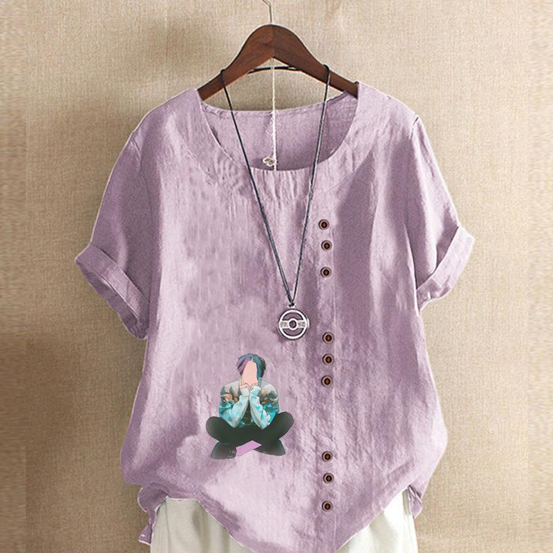 Women's New Fashion Linen Shirt Round Neck Short Sleeve Boy Printed T-shirt Summer Ladies Casual Plus Size Blouse Tops