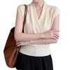 Women's Slimming Dark Blue Lyocell Tencel Knit Top with Cross-Collar & Cinched Waist