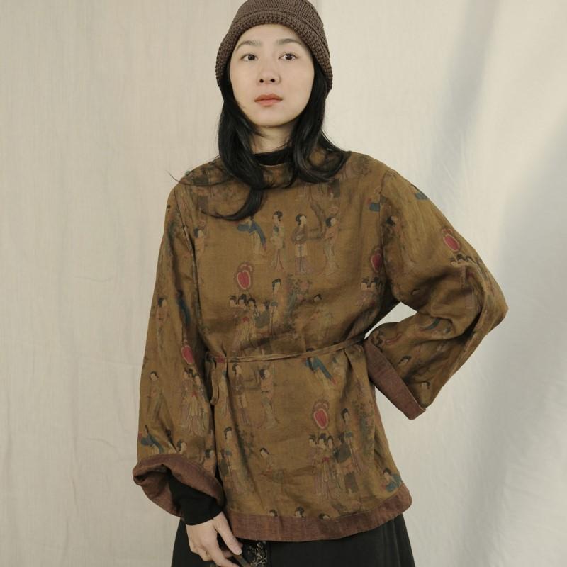 

Johnature Женские винтажные льняные рубашки топы с цветочным принтом Высококачественные блузки с длинным рукавом и O-образным вырезом Осенние свободные рубашки