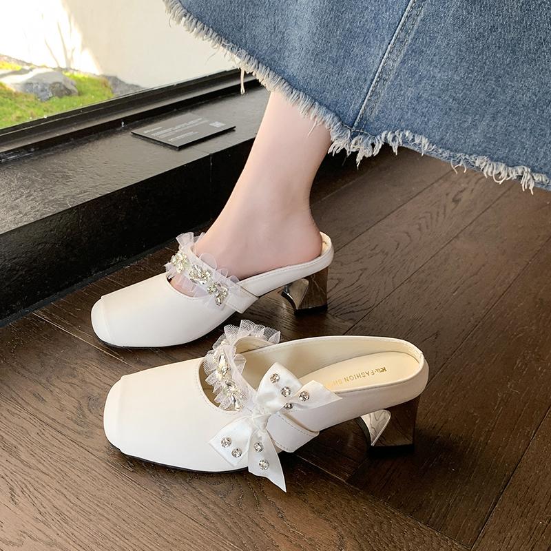 Fashion 2025Spring New Square Head Shallow Mouth Crystal Buckle Bow Soft Sole Non-slip Slippers Bao Head Low Heel Slippers