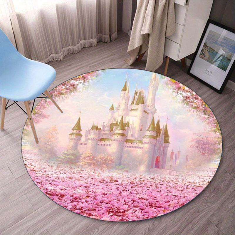 Castle in Cherry Blossom Garden Round Crystal Velvet Rug Fairy Tale Dreamy Scene Home Decoration Soft Floor Mat 60cmx60cm