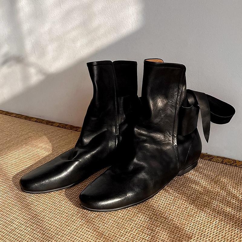 

Fashion Autumn Winter Soft Leather Lace-up Women Ankle Boots Comfortable Flats Short Booties Fashion Bowknot Chelsea Boots Shoes Botas 35