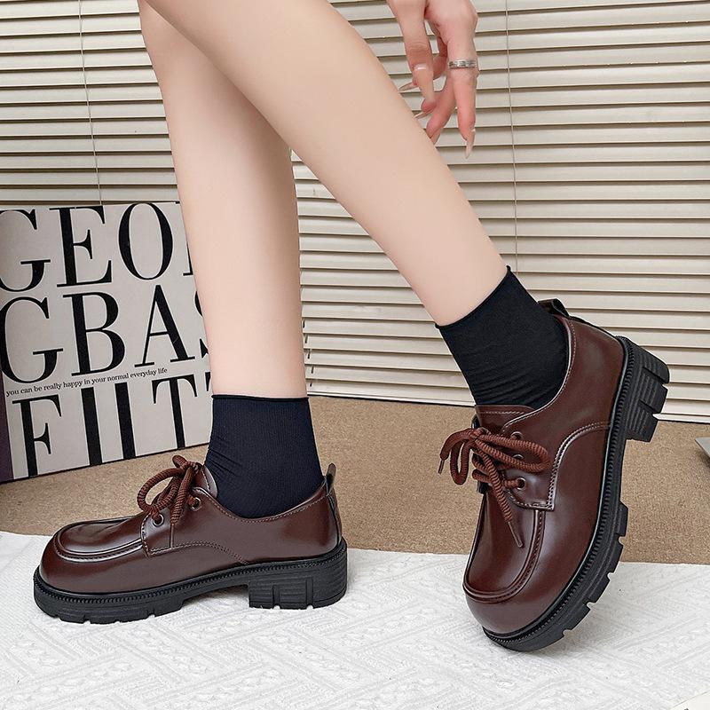 Women's shoes, small leather shoes, women's spring new thick-soled shoelaces, velvet muffin, retro versatile love