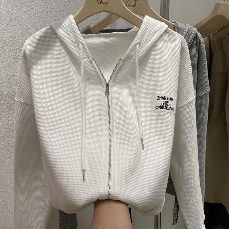 Waffle sweater women s thin loose and thin long-sleeved cardigan hooded short high-waisted jacket M 2730₽