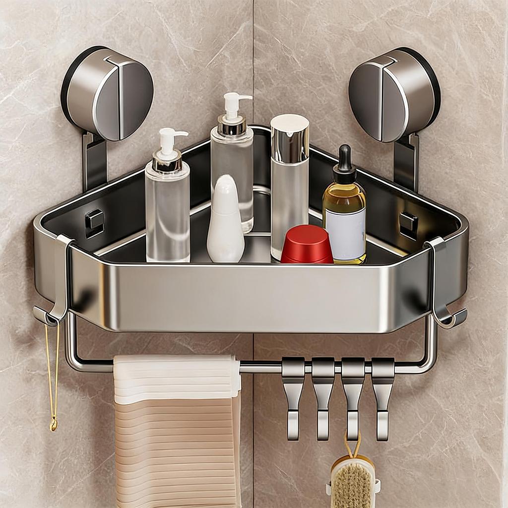 Space-Saving Suction Cup Bathroom Shelf No Drilling Required Strong Triangular Rack with Hooks Suitable for Shower And Toilet