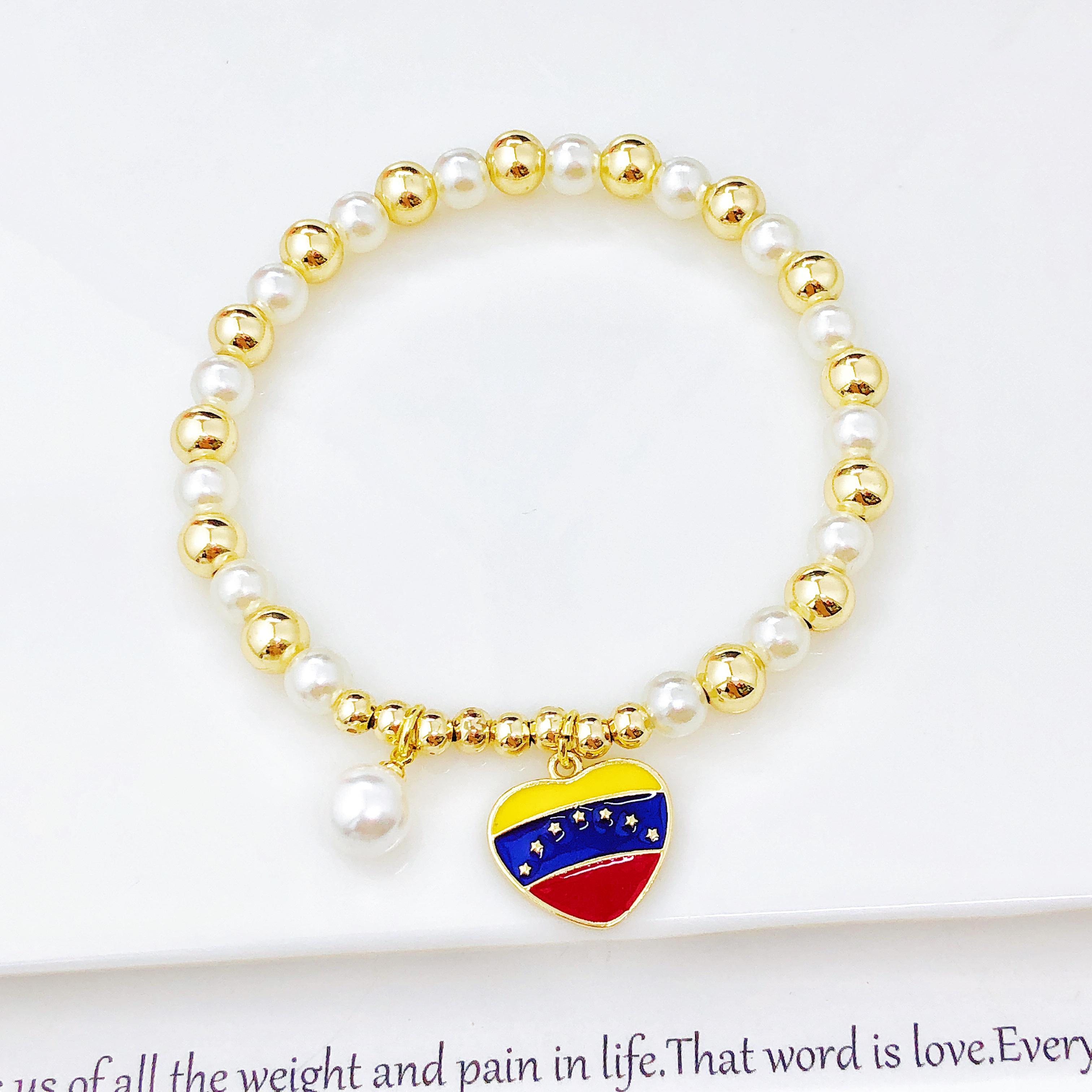 

Hot Selling Pearl Chain Violin Round Heart-Shaped Venezuela Flag Stretch Bracelet: Luxury for Women Party Patriotic Zircon Gift