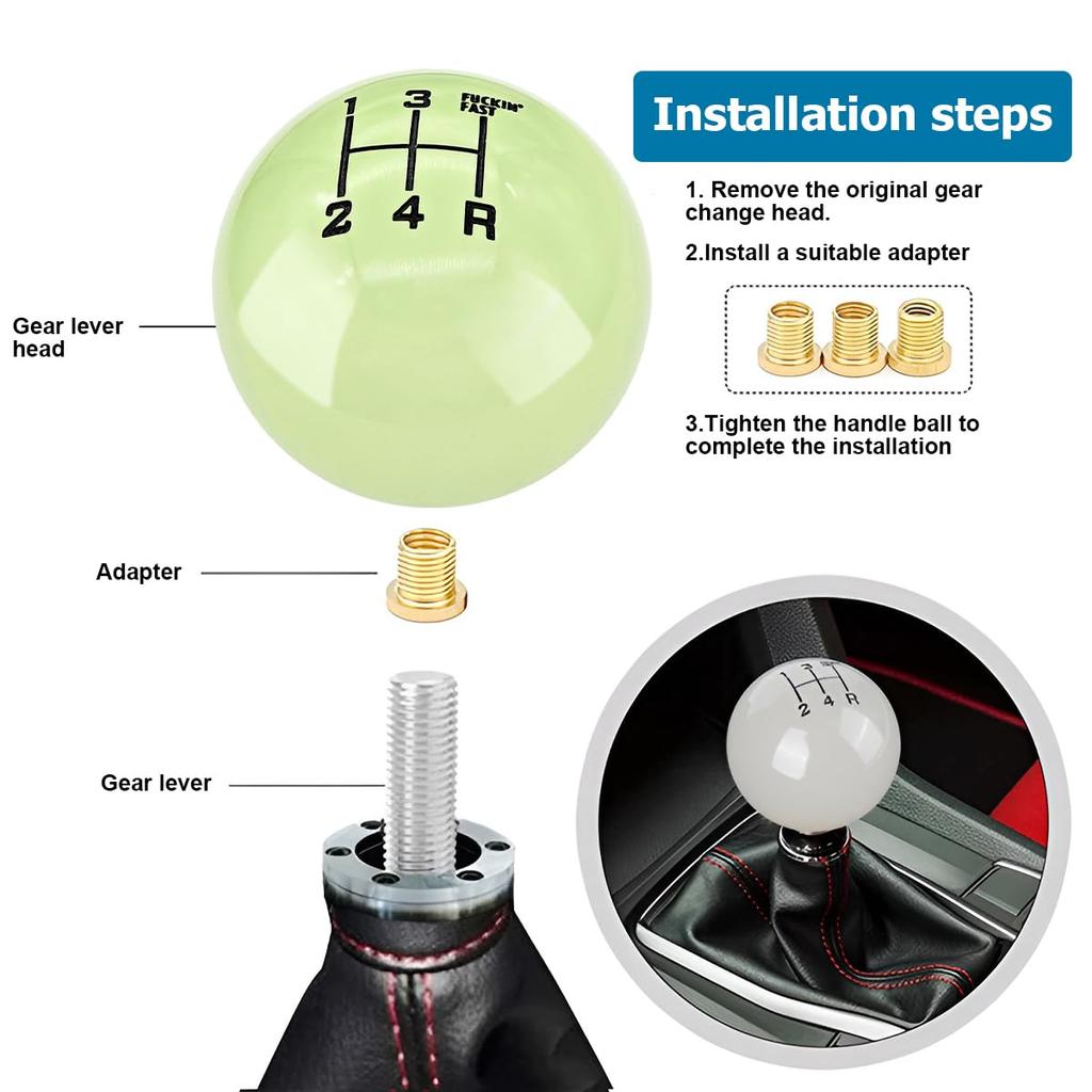 BESULEN Car Gear Shifter Head Resin 5 Speed Knob with 3 Adapters Luminous Gear