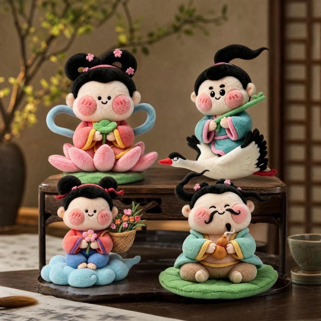 Eight Immortals Plush Dolls Set - Chinese Mythology Theme Desktop Ornament Figurines for Display