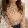 Dot Lace Flower Top Half High Collar Long Sleeved Mesh T-Shirts Transparent Pullover Top  Summer