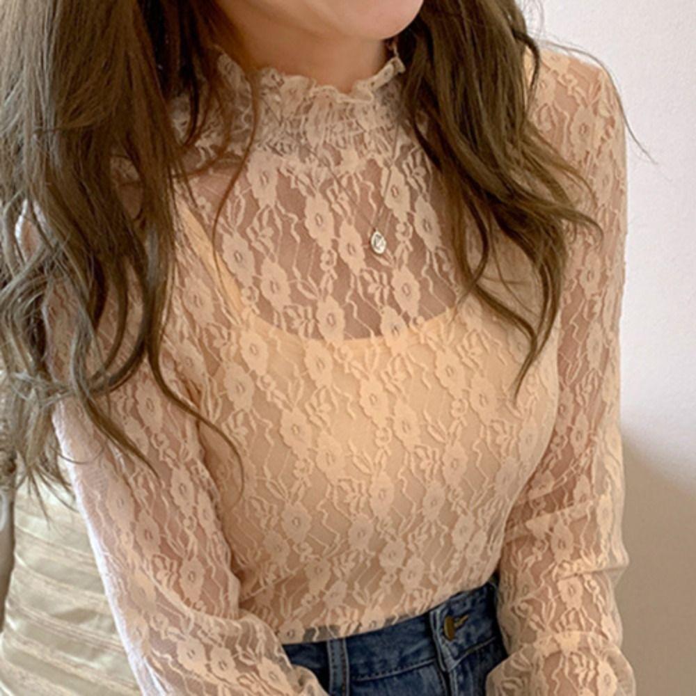Dot Lace Flower Top Half High Collar Long Sleeved Mesh T-Shirts Transparent Pullover Top  Summer