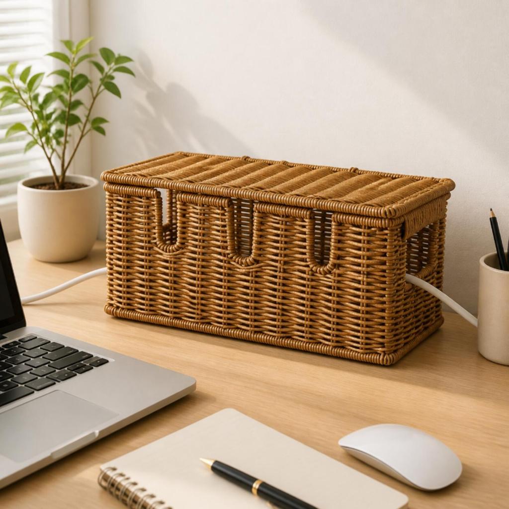Woven Rattan Cable Management Box Decorative Power Strip Organizer with Cord Openings Enclosed