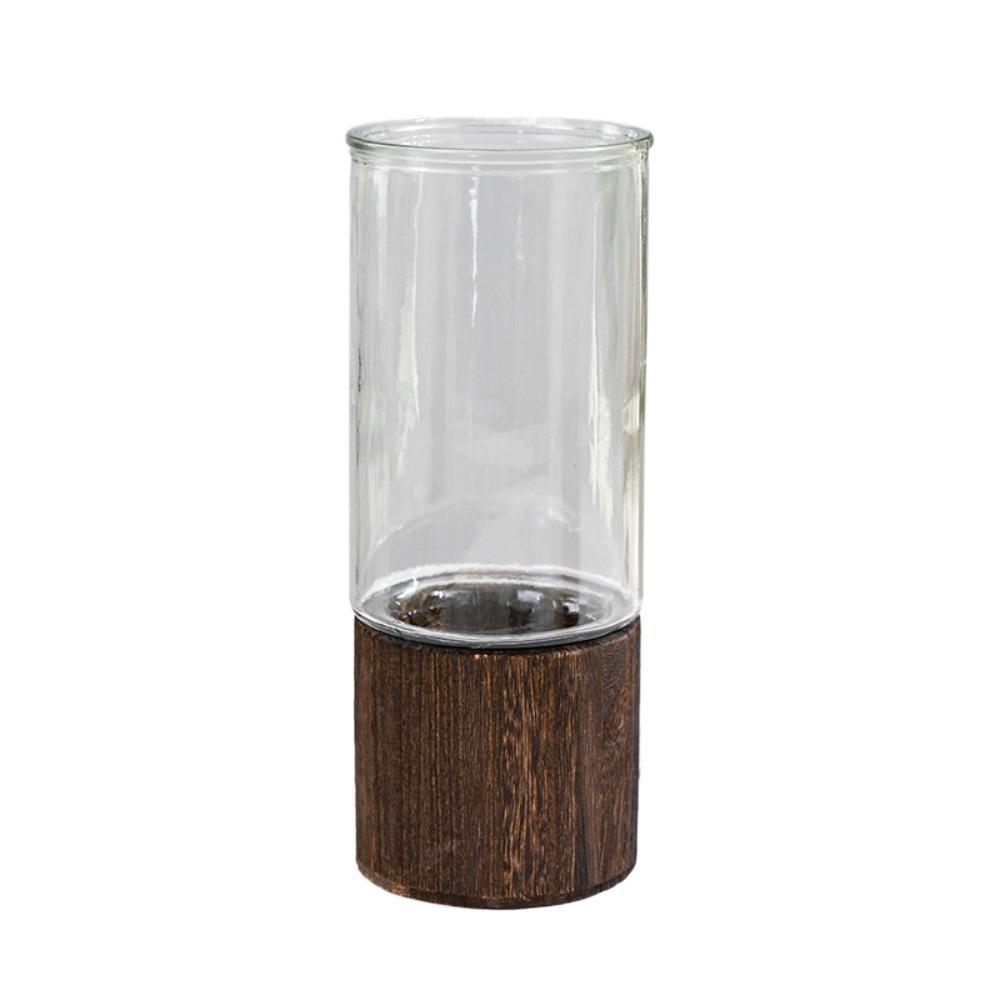 Elegant Transparent Flower Vase Wooden Base Hydroponic Flower Pot Glass Vase Home