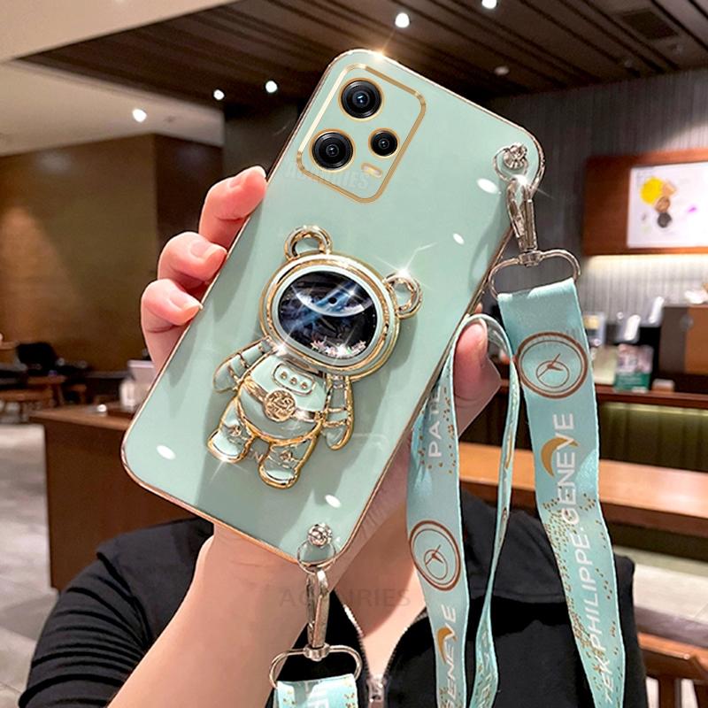 Note12 Crossbody Lanyard Plating Case On For Xiaomi Redmi Note 12 Pro Plus 12pro 5g 12s 4g 11s 11 Astronaut Silicone Stand Cover