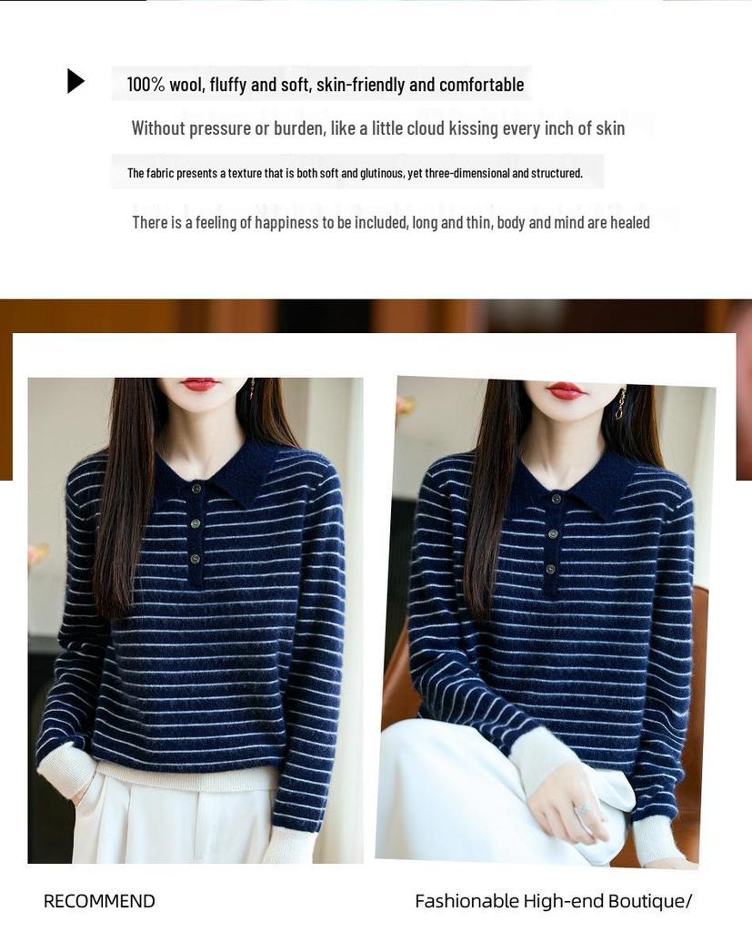 Women's Striped Color Block Polo Neck Knit Sweater - Long Sleeve, Autumn/Winter Top
