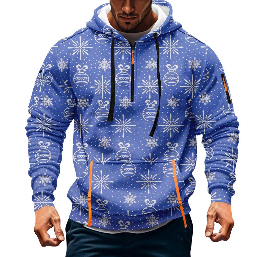 Sudadera deportiva casual de media cremallera con capucha y estampado navideño para hombre