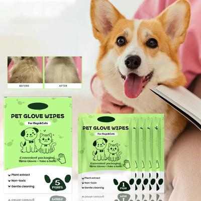 Pet Cleaning Gloves, Hypoallergenic Rinse-free Grooming Wipes For Dogs And Cats Daily Care And Travel, 5 Packs 5ml
