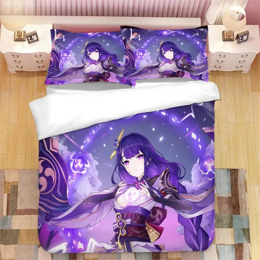 Genshin Impact Raiden Shogun 3D Printed Bedding Set Duvet Covers Pillowcases Comforter Bedding Set Bedclothes Duvet Cover