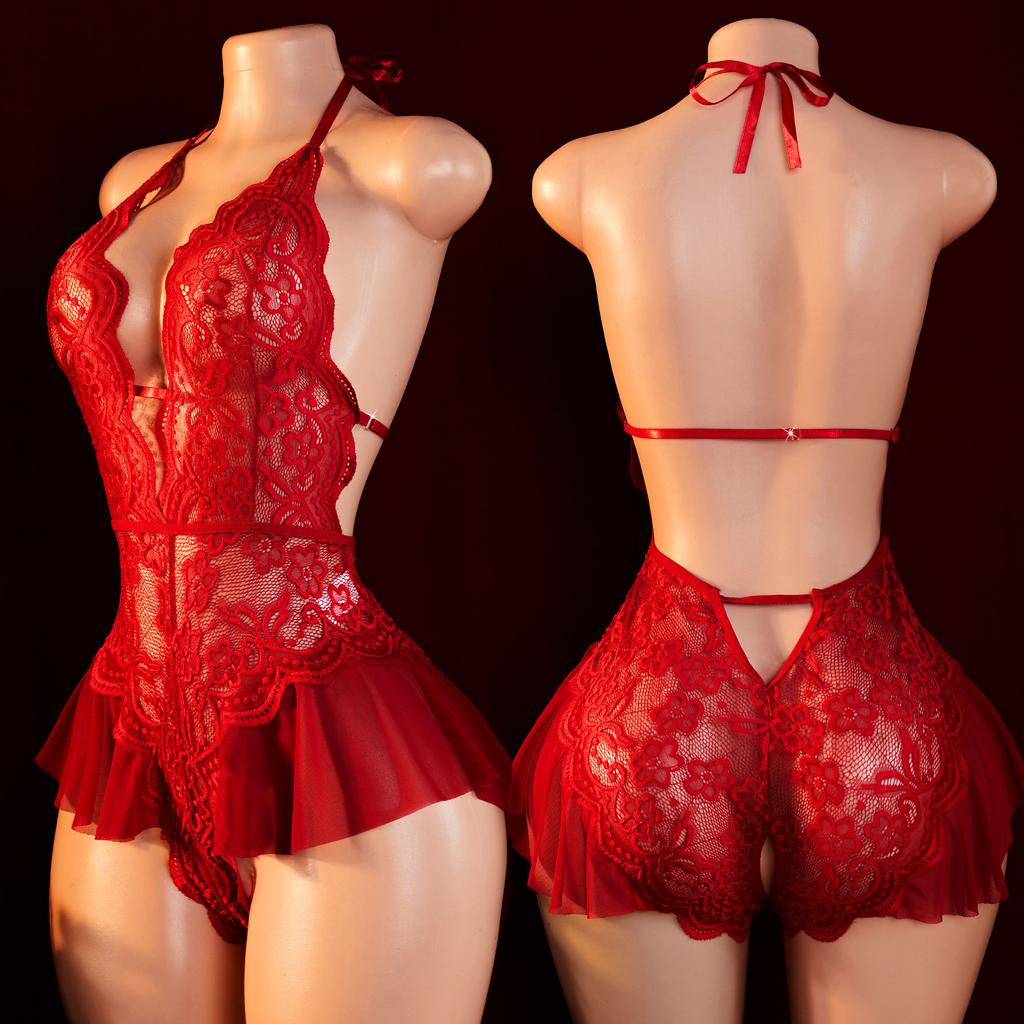 Sexy Crotchless Nightwear For Sex Women Lace Patchwork Transparent Pajamas Set Erotic Teddies Babydoll Bodysuit Deep V Halter