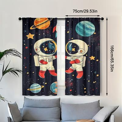 2pcs Space Astronauts Blackout Curtains, Rod Pocket Polyester Panels, HD Digital Print, Semi-Sheer Contemporary Design, Machine