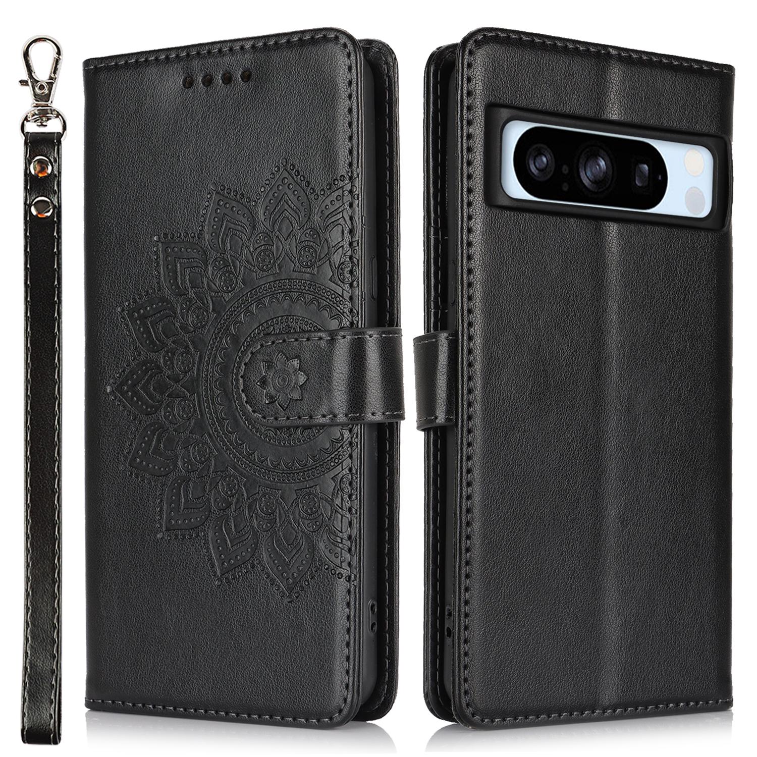 

Для Google Pixel 8 Pro Чехол Текстурированный кожаный кошелек Чехол для телефона с ремешком Black