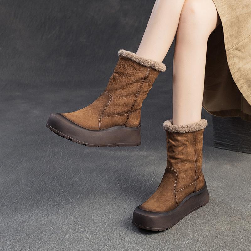 Fashion GKTINOO Genuine Leather Snow Boots Platform Plush Warm Winter Mid-Calf Boots Women Booties Thick Soled Shoes