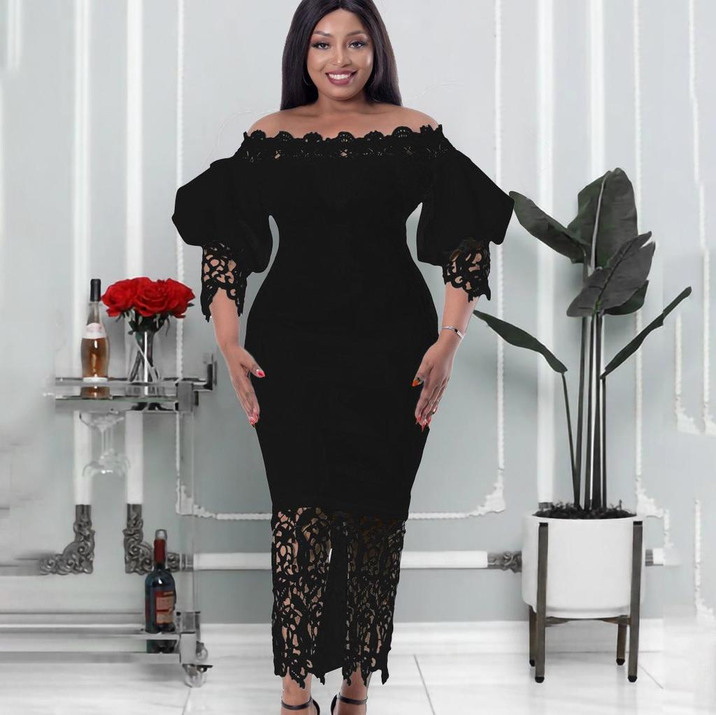 D247 Off-Shoulder Cold-Shoulder Bodycon Dress with Lace Patchwork and Lantern Sleeves