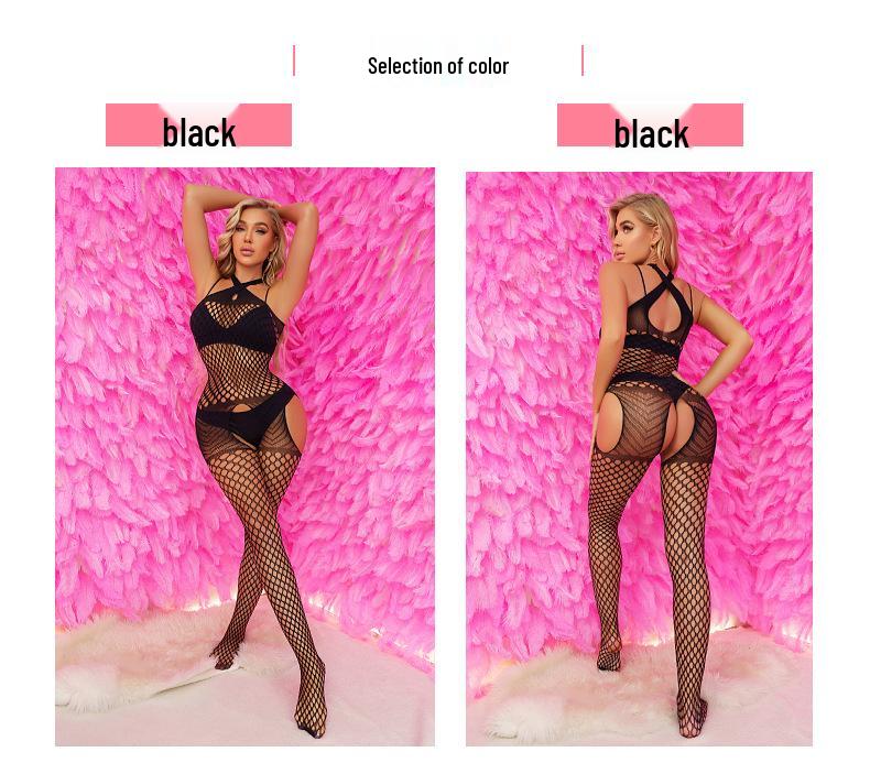 Cross-Border Sexy Criss-Cross Halter Open Crotch Fishnet Bodystocking with Stockings