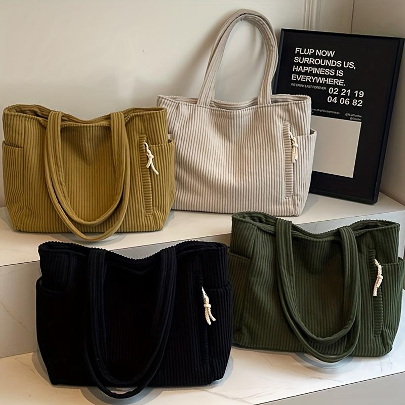 1pc Elegant Casual Corduroy Tote Bag with Zipper Closure, Foldable Large Capacity Polyester Lined Handbag, Fixed Shoulder Straps