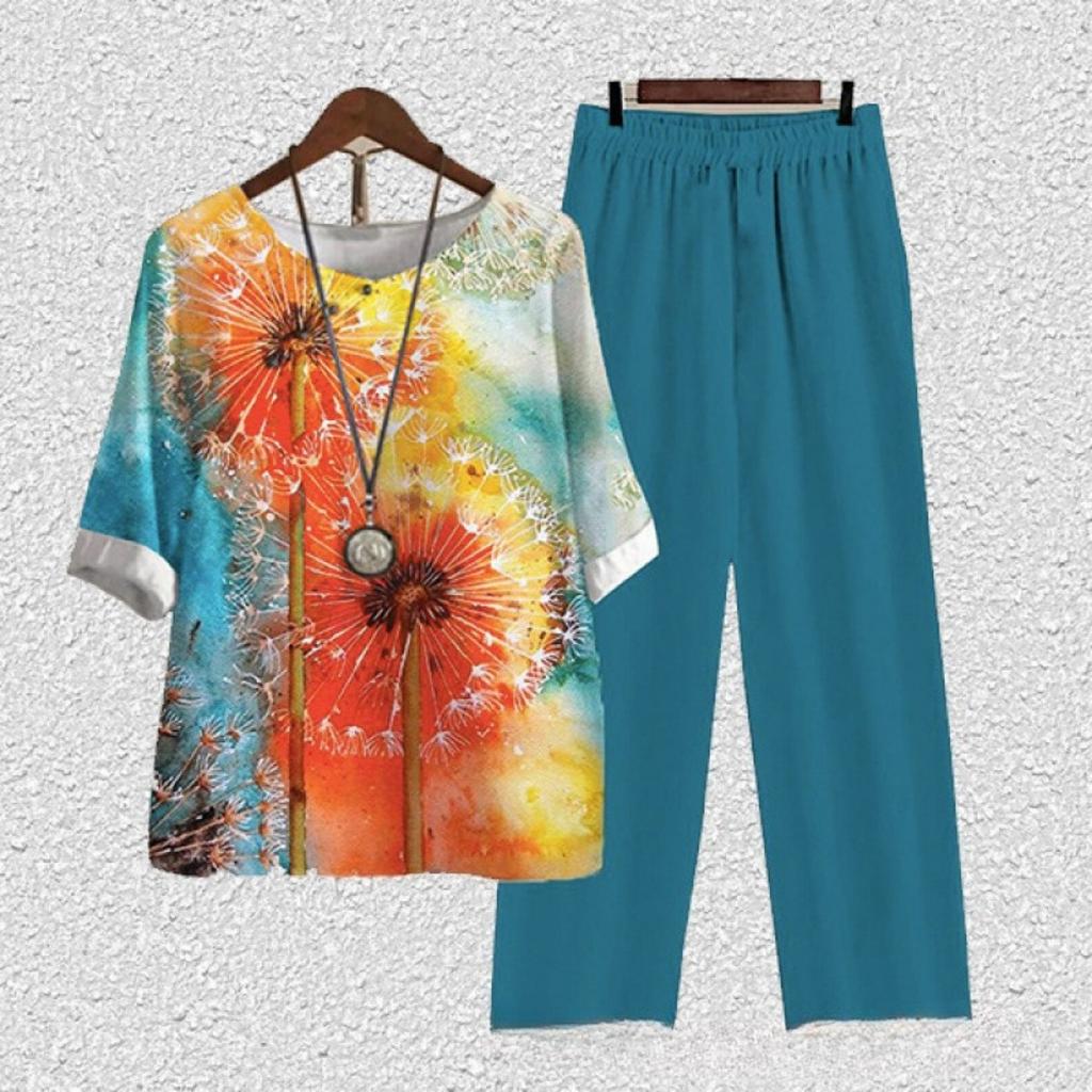 Women's Loose Fit Floral Printed Two Piece Outfit Half Sleeve T-Shirt Elastic Waist Pantsuit