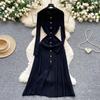 French Retro Turn-down Collar Long Sleeved Metal Buckle Dress for Women's Autumn Slimming Waist Knit Long Dresses