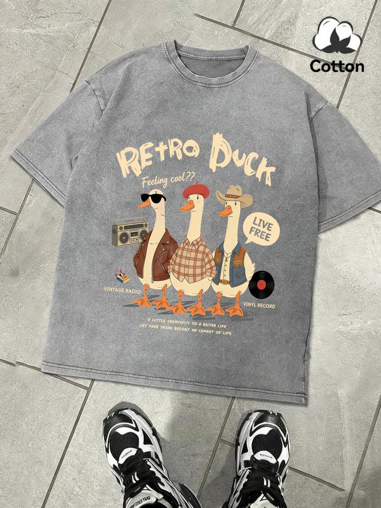 Retro Duck Feeling Cool Live Free Retro Tee Mans Summer Breathable Cotton TShirts Fashion Washed Top Unisex Casual Clothing