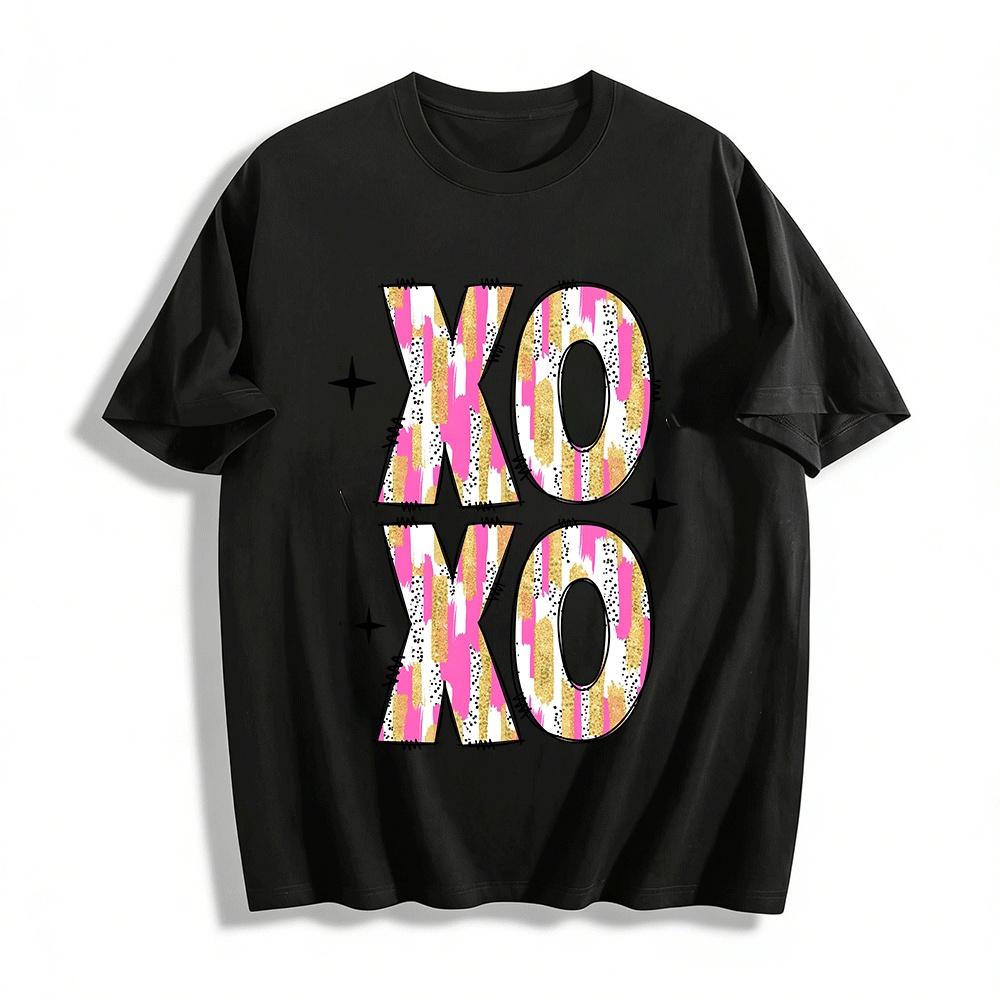 

Fun XO Pattern Pink Gold Color Block Casual Top Pure cotton T-shirt XXS