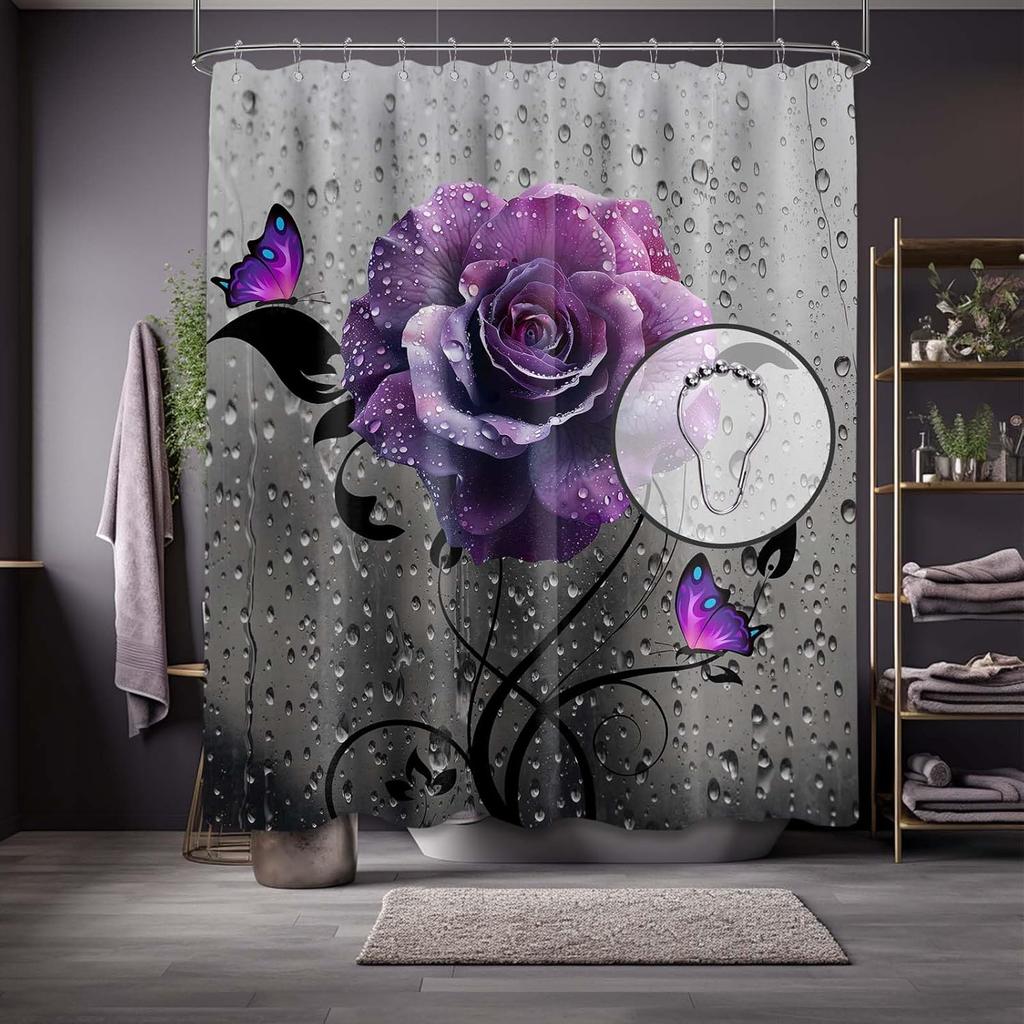Vintage Floral Shower Curtain Goth Dark Rose Flower Butterfly Shower Curtains for Bathroom Decor Sets, Waterproof Cloth Fabric