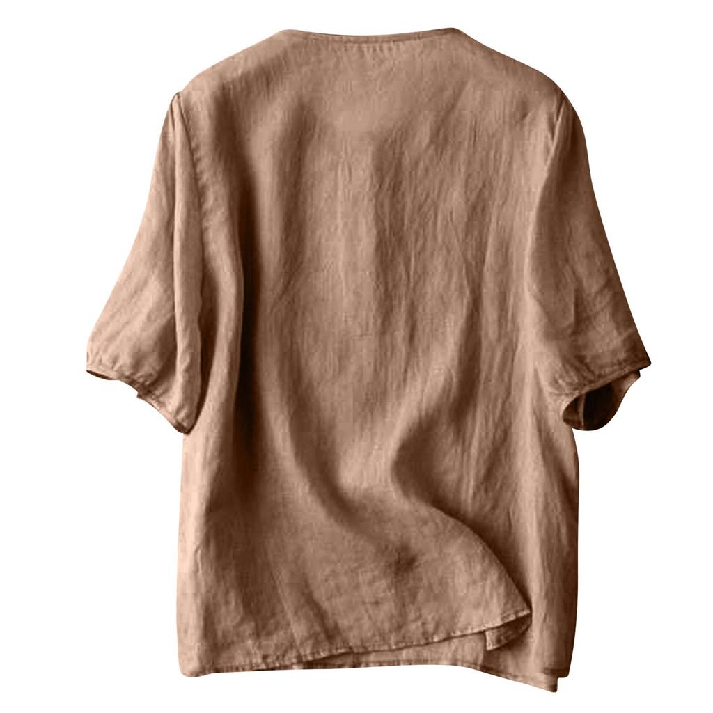 Women's Solid Color Vintage Loose Round Neck Thin Cotton Linen Tops Pullover Tops