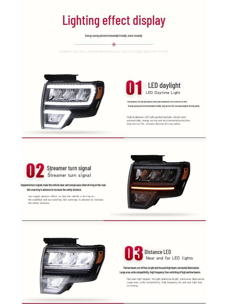 Compatible with 2008-2014 Ford F-150 Raptor: LED Headlight Assembly with DRL & Sequential Turn Signal