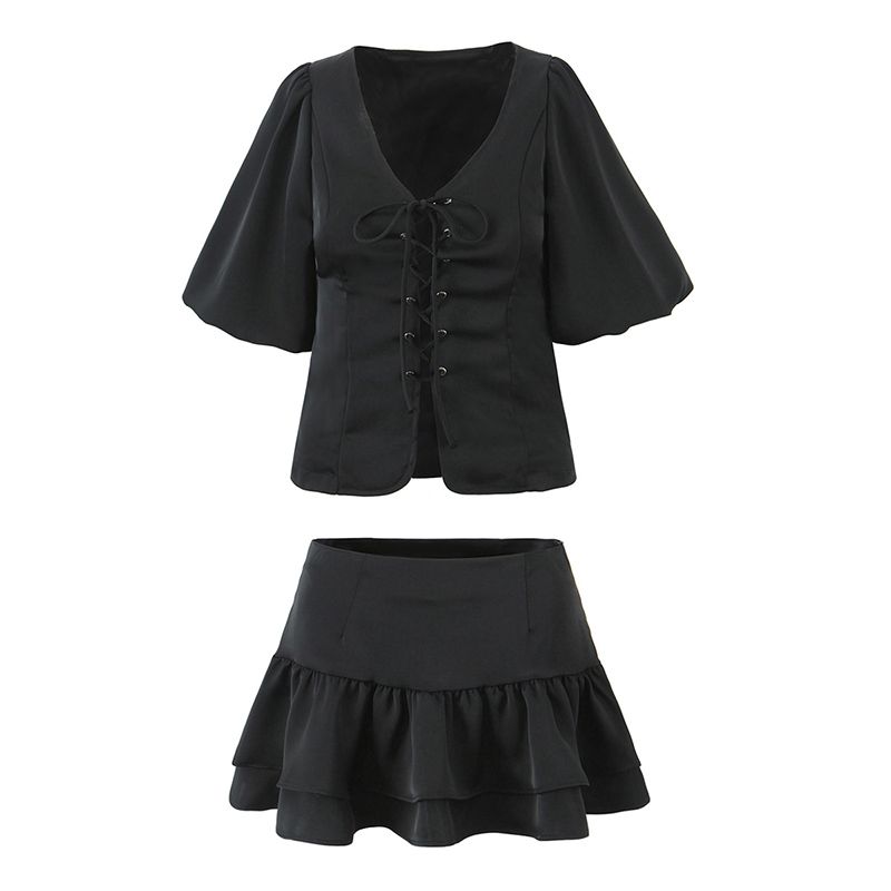 Lanyi Xinsheng French style Style Palace Extended Style Gentle Temperament Lace-up Puff sleeve Shirts Frill Skirt Set