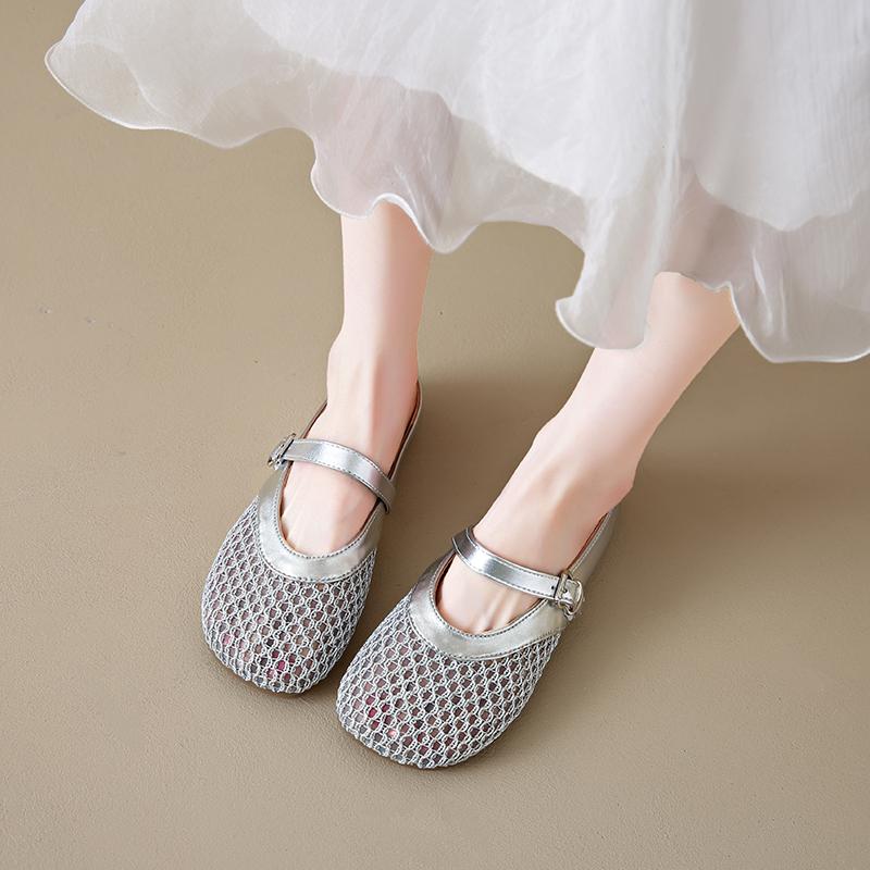 

Fashion 2025 new Luxury Crystal Rhinestone Fishnet Ballet Flats Woman Brand Design Rivet Mesh Mary Jane Shoes Ladies Summer Loafers 35 серебряный