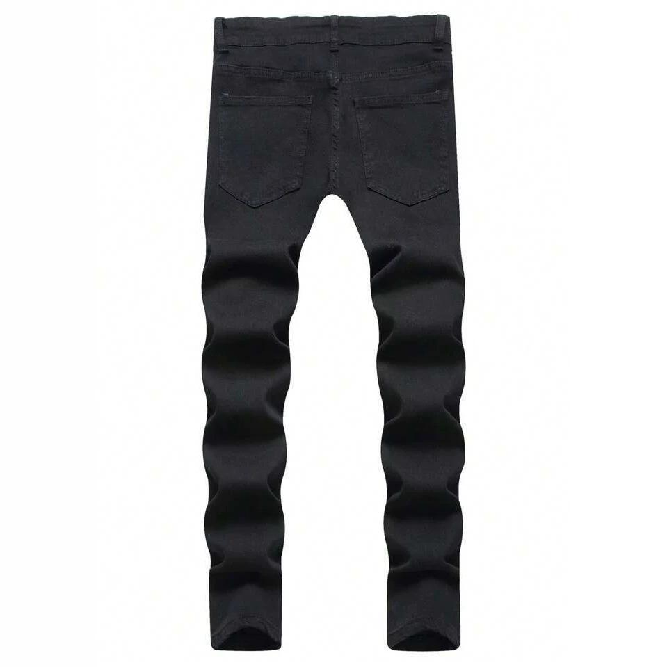 Jeans décontractés ajustés stretch noirs pour homme, principalement déchirés