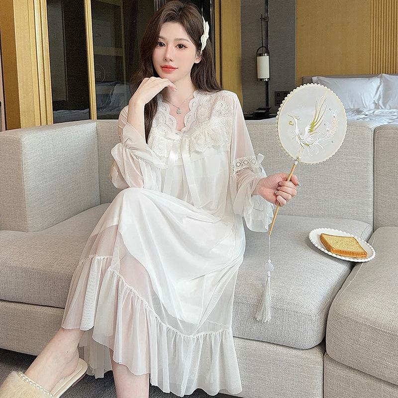 Ling Lei Chunqiu Solid Color V-Neck Lace Bow Mesh Court Princess Style Medium Long Pajamas Pajamas Homewear