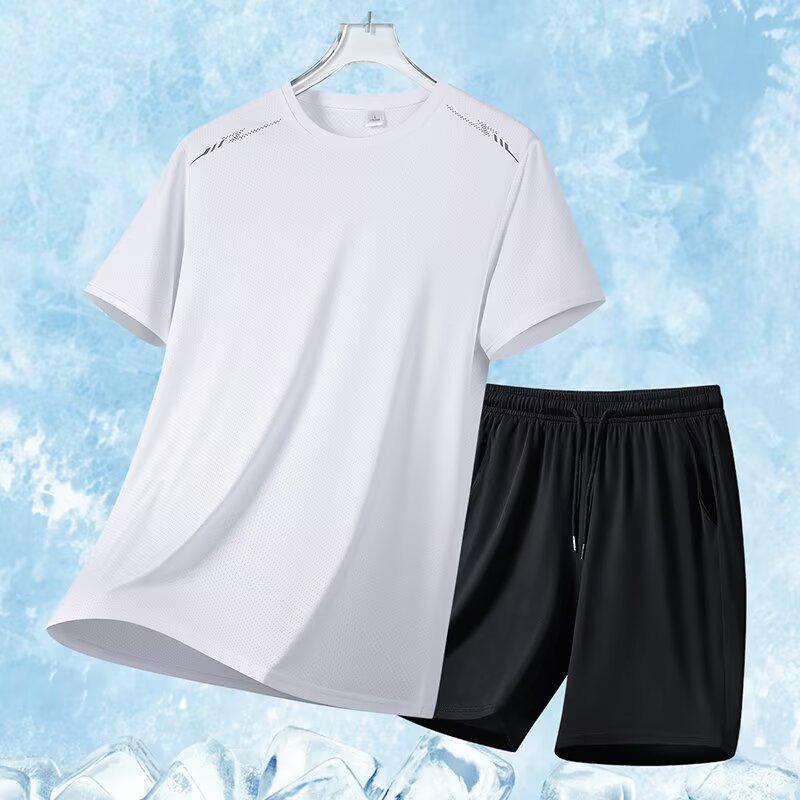 2025 Men's Plus Size Quick-Dry Fitness Running Set - Breathable Ice Silk Short Sleeves for Summer