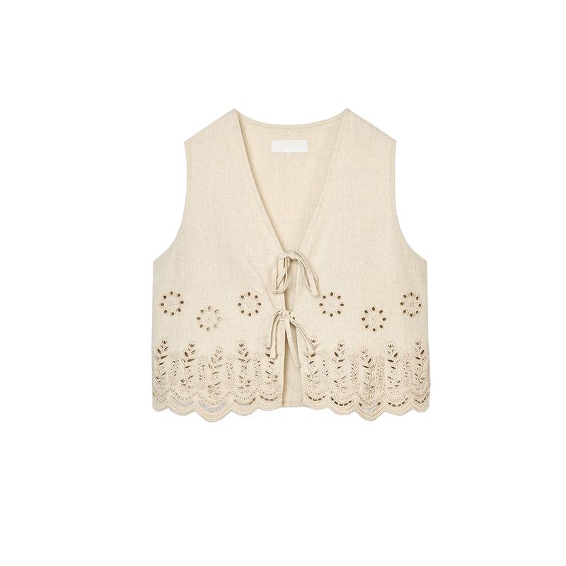 Summer Women's Linen Blend Bows Lace-up Cutout Embroidered V-neck Sleeveless Vest Waistcoat 6318044