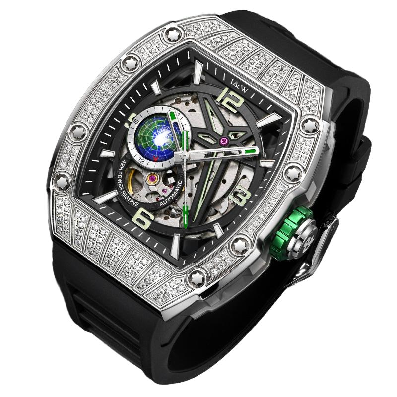 New I&W Carnival Automatic Mens Watch Skeleton Dial Power Reserve Indicator Diamond Bezel Black Silicone Mechanical Watch