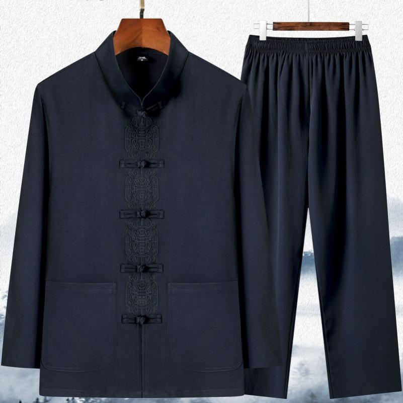 Tang Suit Men's Long-sleeved Chinese Hanfu Spring and Summer Dad Shirt Grandpa Shirt Tai Chi Suit