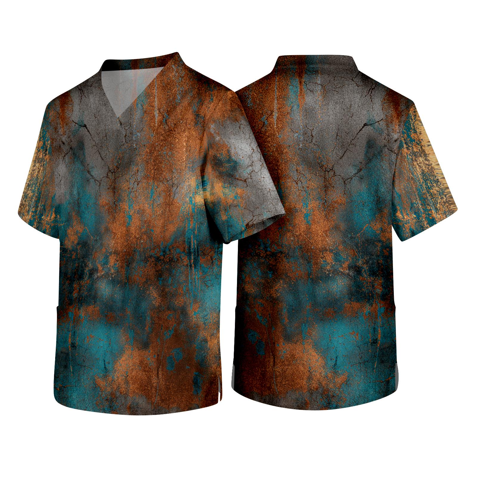 

Men s V Neck Textured Print Short Sleeve Pocket Work Shirt Lightweight Breathable Fabric Comfortable Fit Durable Construction XXL коричневый