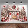 White Christmas Fireplace Winter Backdrop with Tree Stockings Xmas Gifts Kids Holiday Party Photo Booth Background